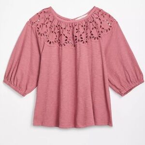 LOFT Cotton Eyelet Yoke Swing Tee, Colour: Rose Size: XS - Can also fit Size: S